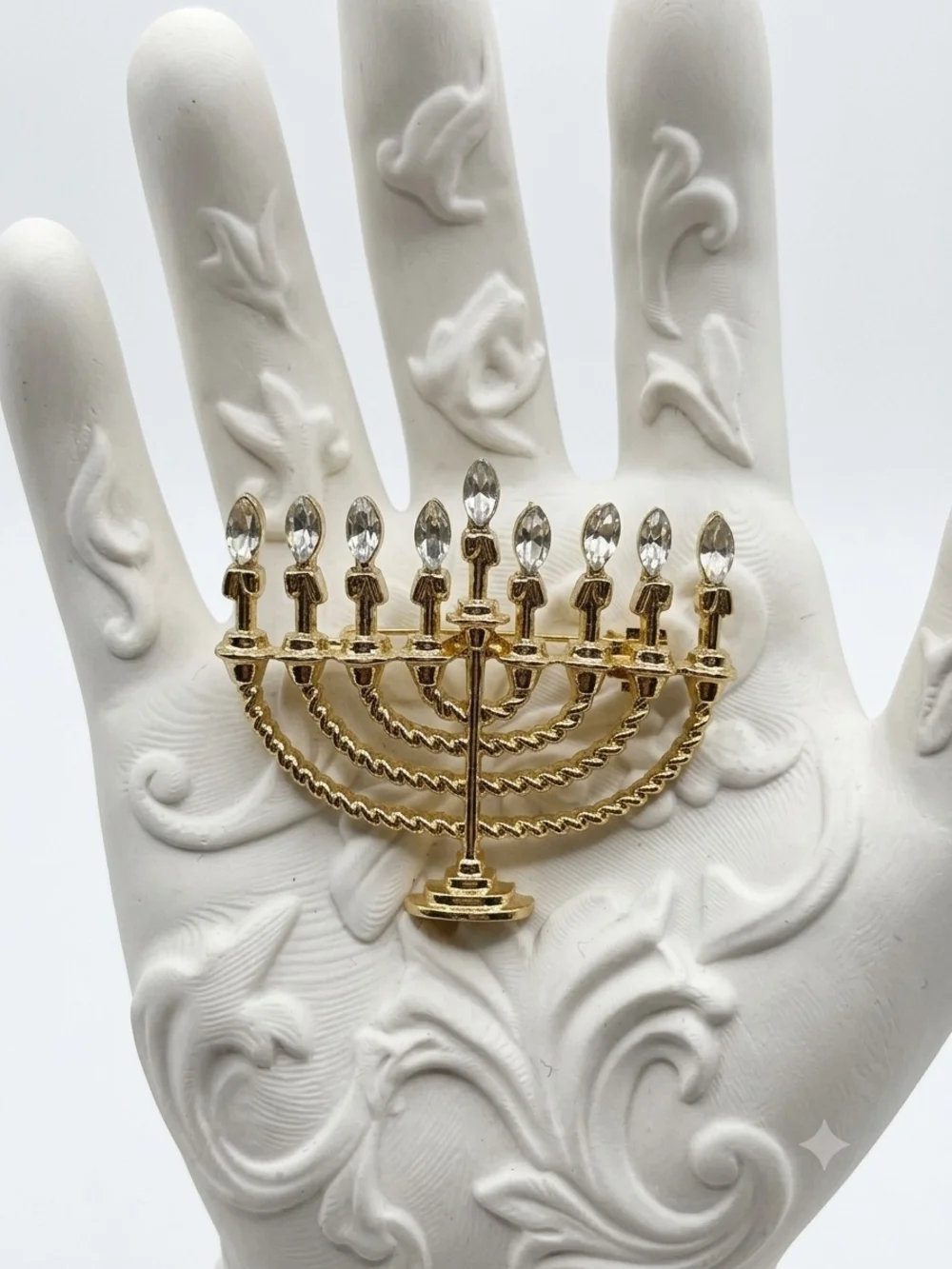 Goldtone Menorah Brooch Pin with Clear Crystal Accents
